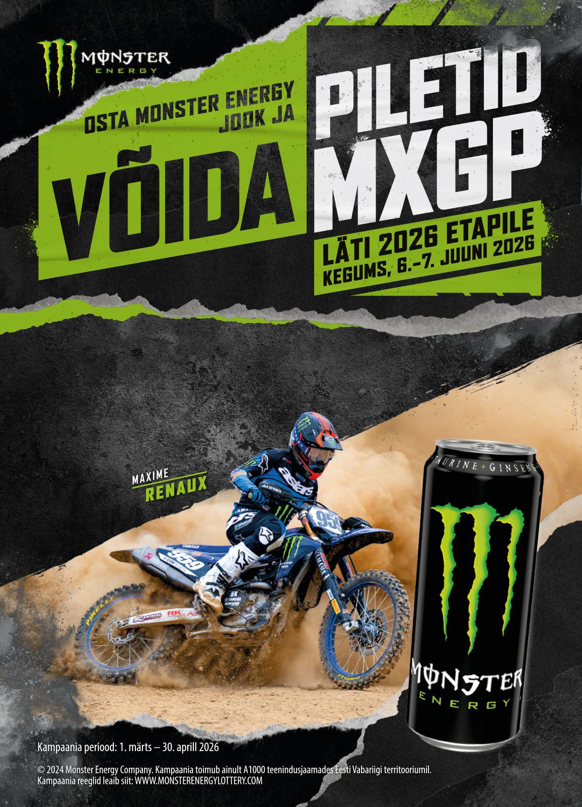 Osta Monster Energy jook ja võida piletid MXGP Läti 2026 etapile Kegums, 6.-7. Juuni 2026!