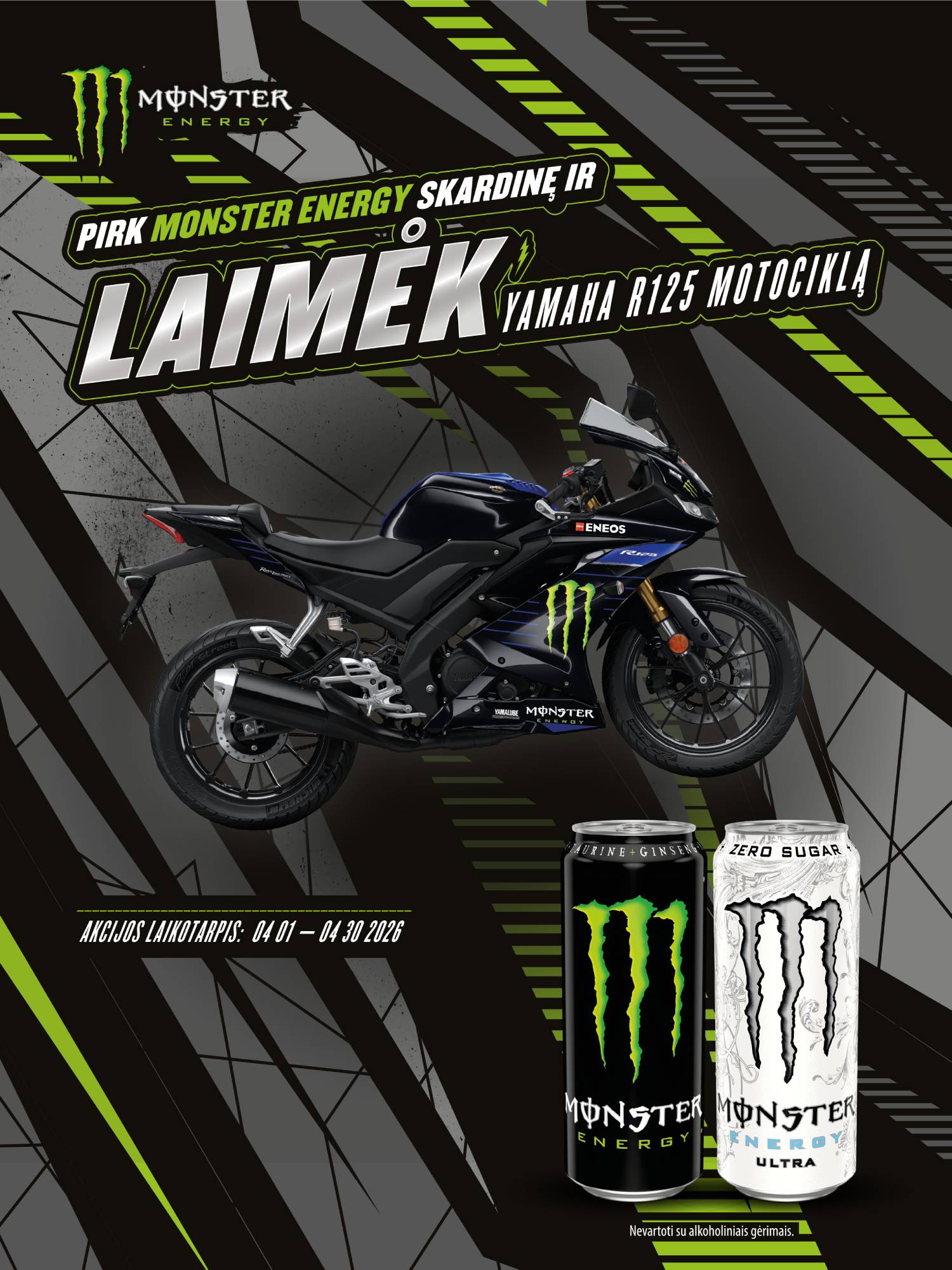 Pirk Monster Energy skardinę ir laimėk Yamaha R125 motociklą!