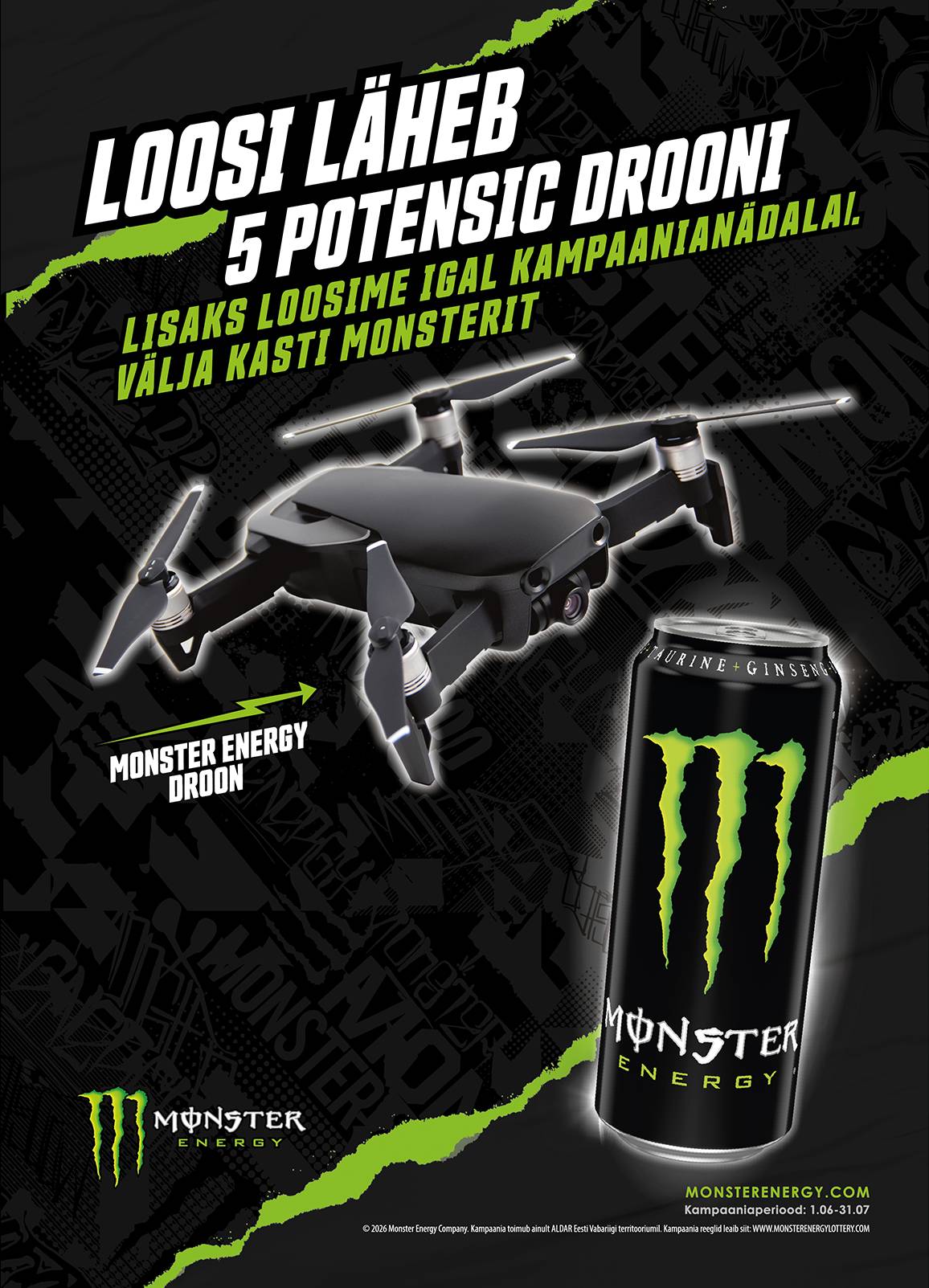 Osta Monster Energy jook Aldar kauplusest, registreeri tšekk ja võida droon või kast Monster Energy jooke!