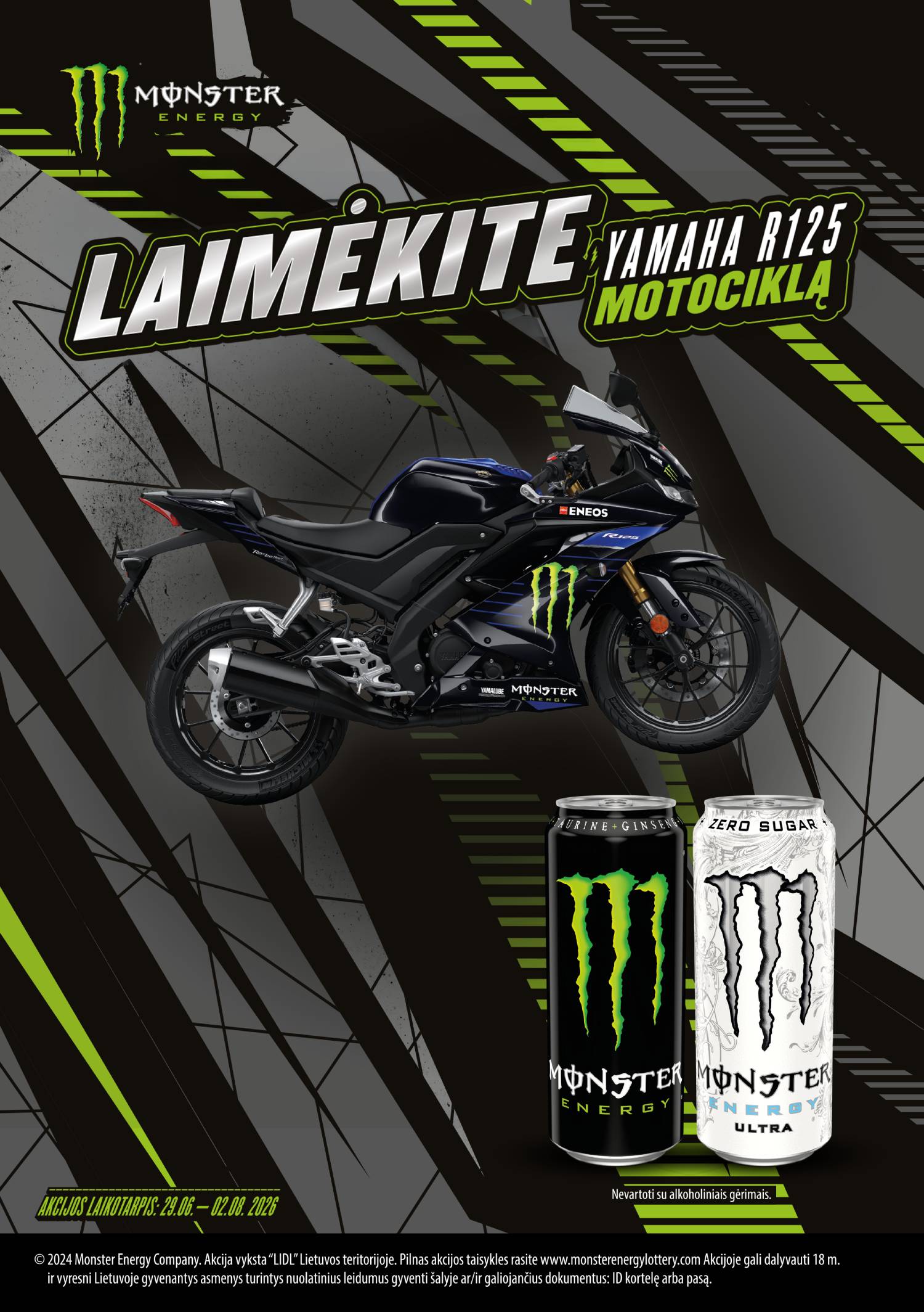 Pirk Monster Energy skardinę ir laimėk Yamaha R125 motociklą!